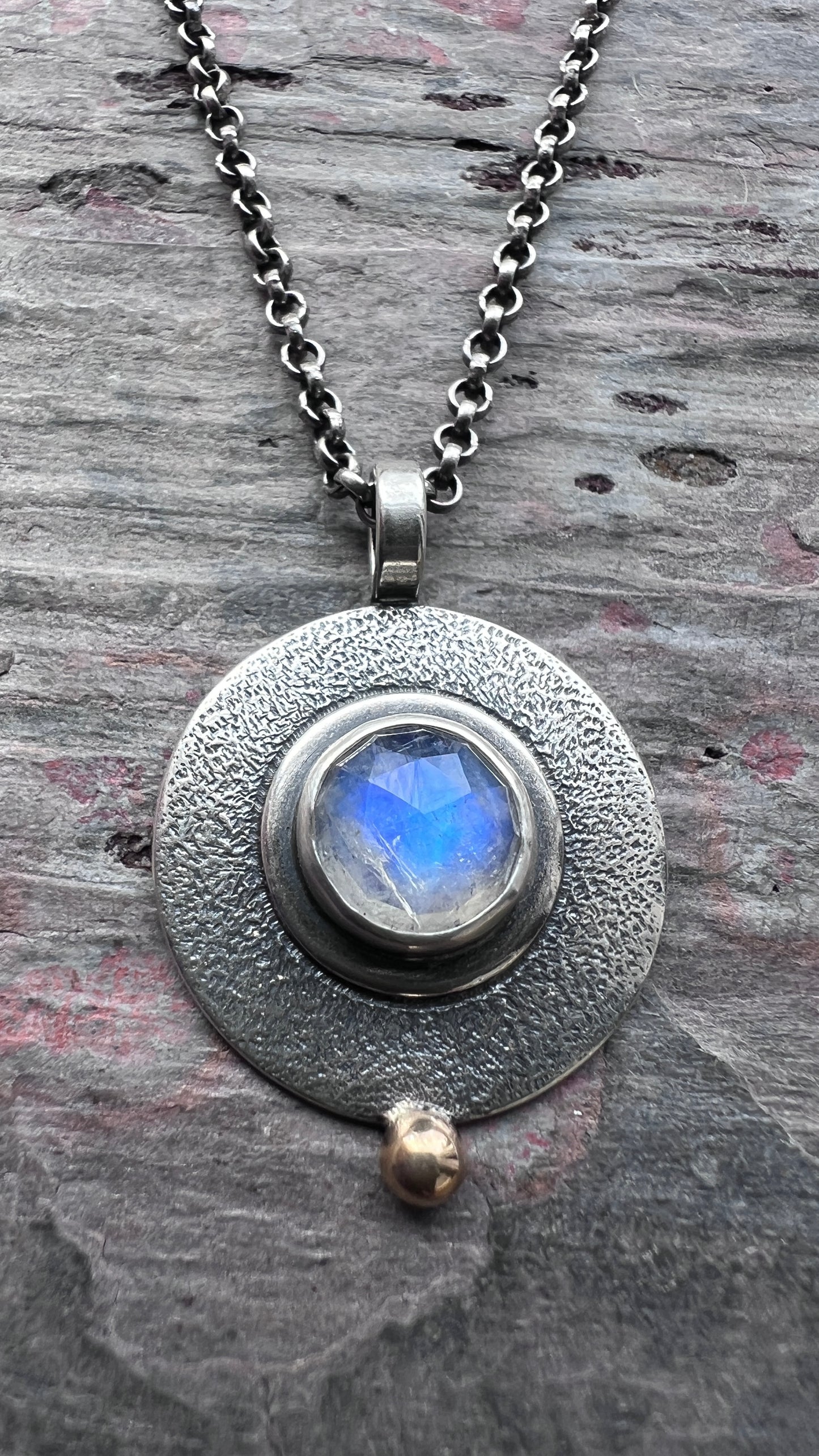 Rainbow Moonstone Sterling Silver Necklace | Circle Rainbow Moonstone Pendant Necklace