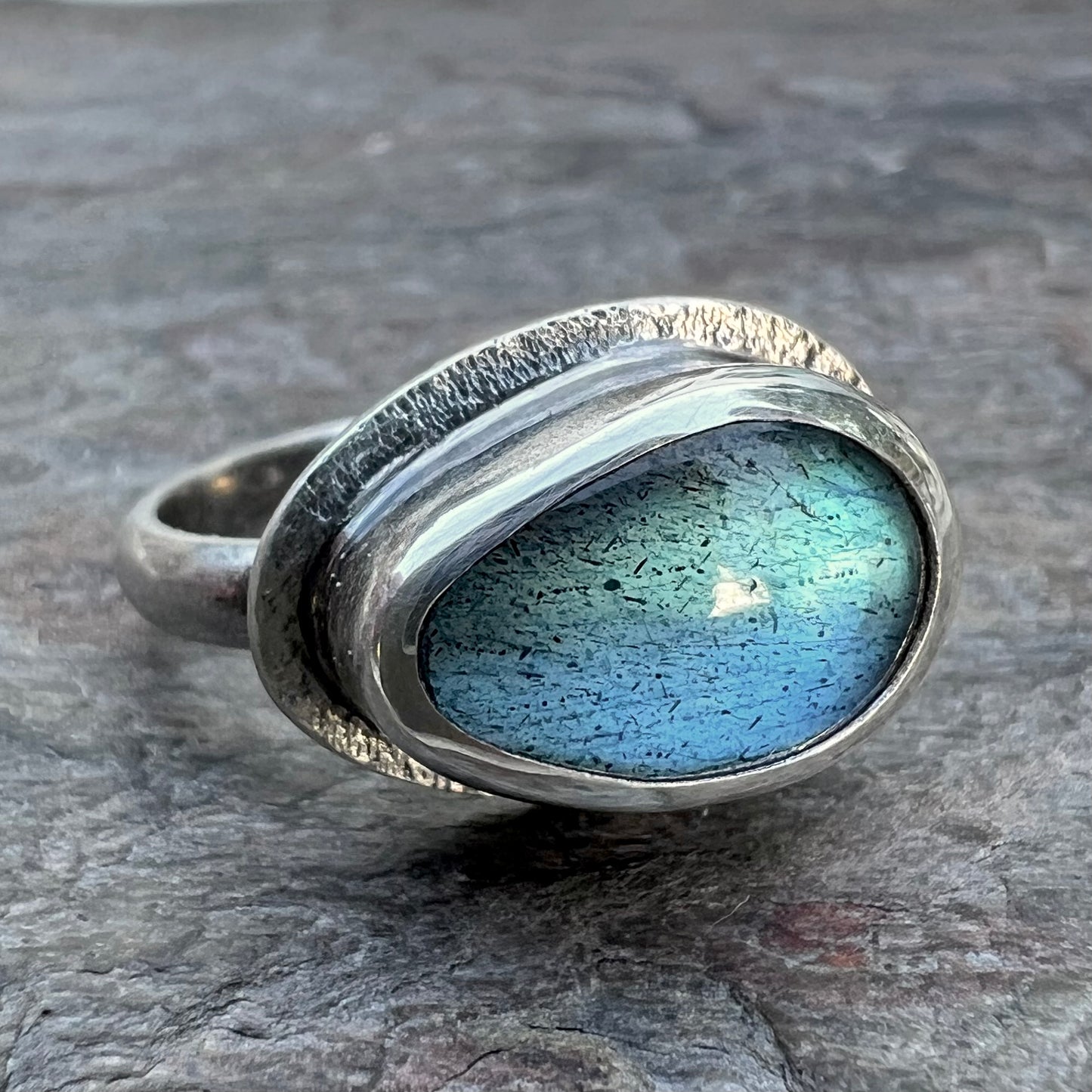 Labradorite Sterling Silver Ring - Handmade One-of-a-kind Labradorite Ring on Silver Silver Band - Size 8