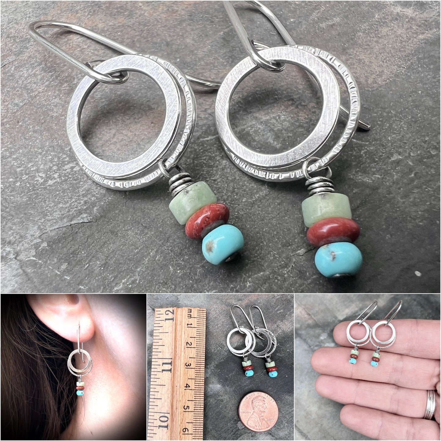 Sterling Silver Natural Stone Earrings | Turquoise, Jasper, and Chrysoprase on Small Hoop Dangles