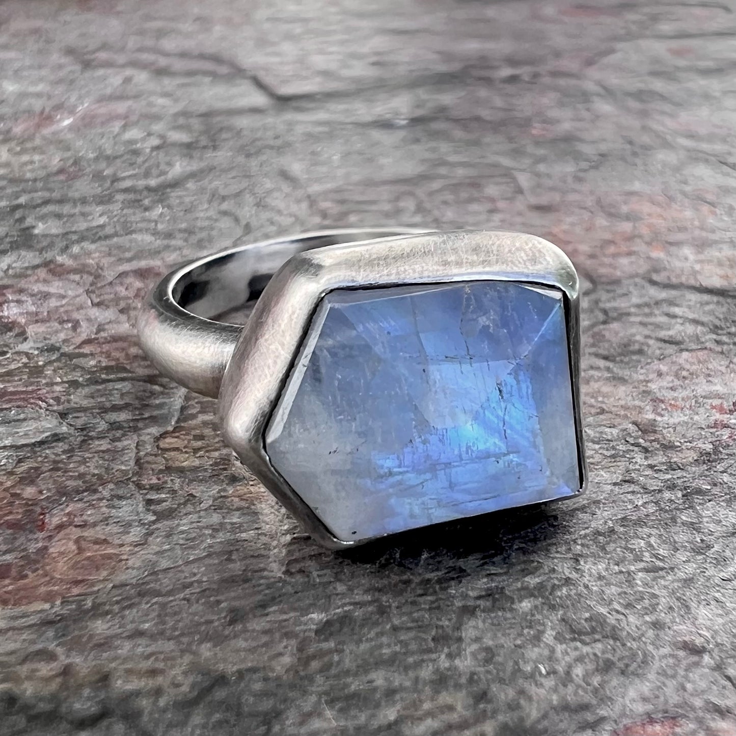Rainbow Moonstone Sterling Silver Ring - Handmade One-of-a-kind Rainbow Moonstone Ring on Silver Silver Band - Size 8.75