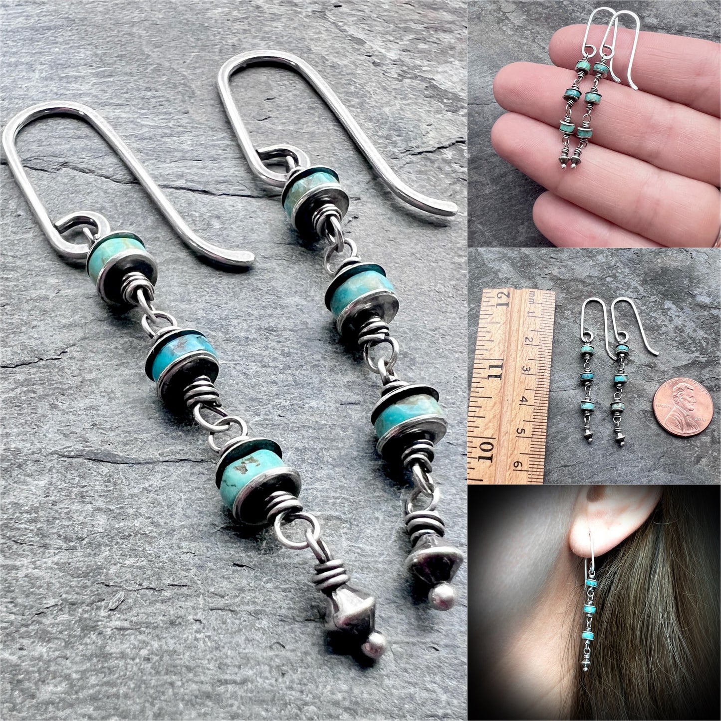 Genuine Turquoise Sterling Silver Earrings | Natural Stone Wire-wrapped Beads Dangle Earrings