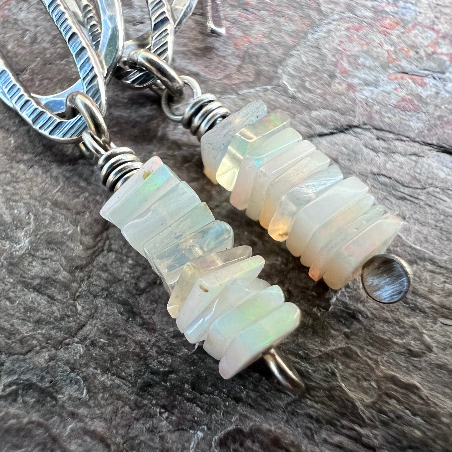 Genuine Opal Sterling Silver Earrings - Natural Opal on Elongated Hammered Dangles