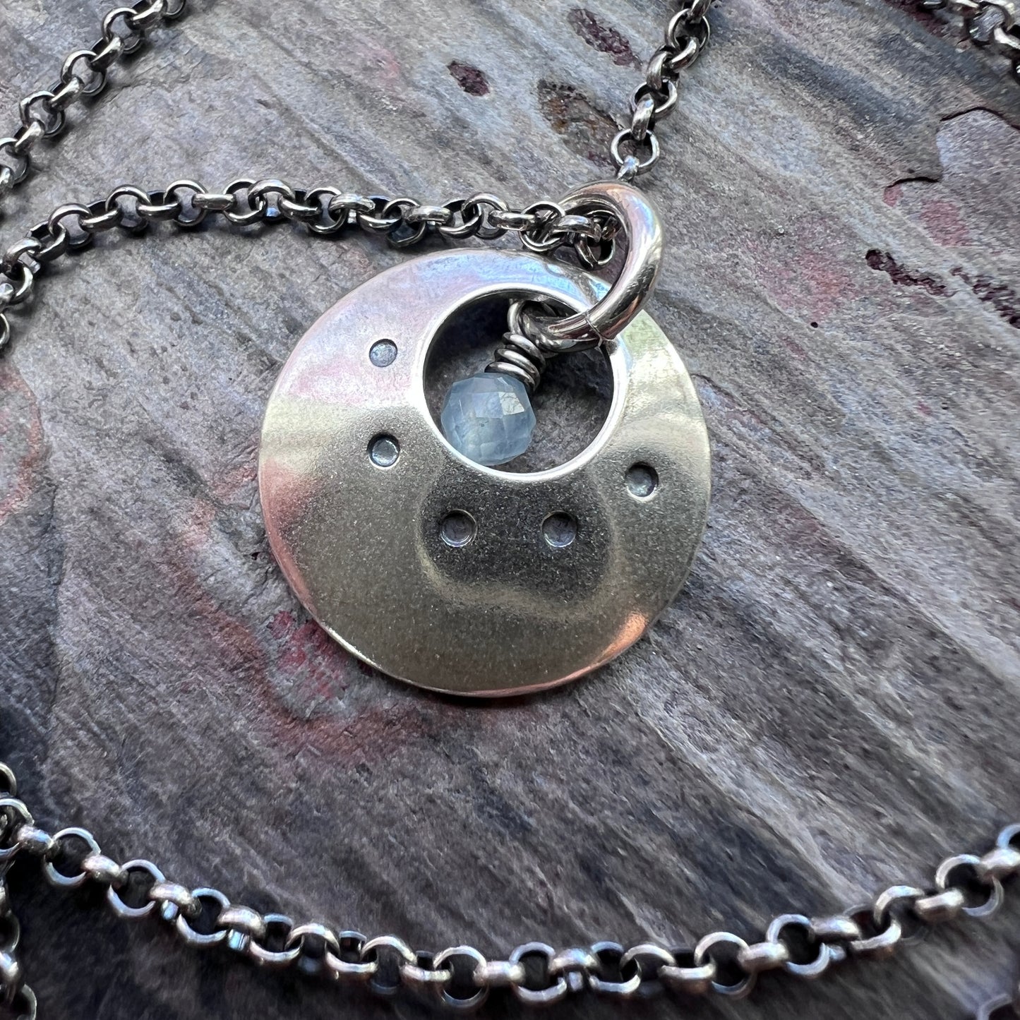 Customizable Sterling Silver Birthstone Necklace | Genuine Gemstone and Stamped Circle Pendant