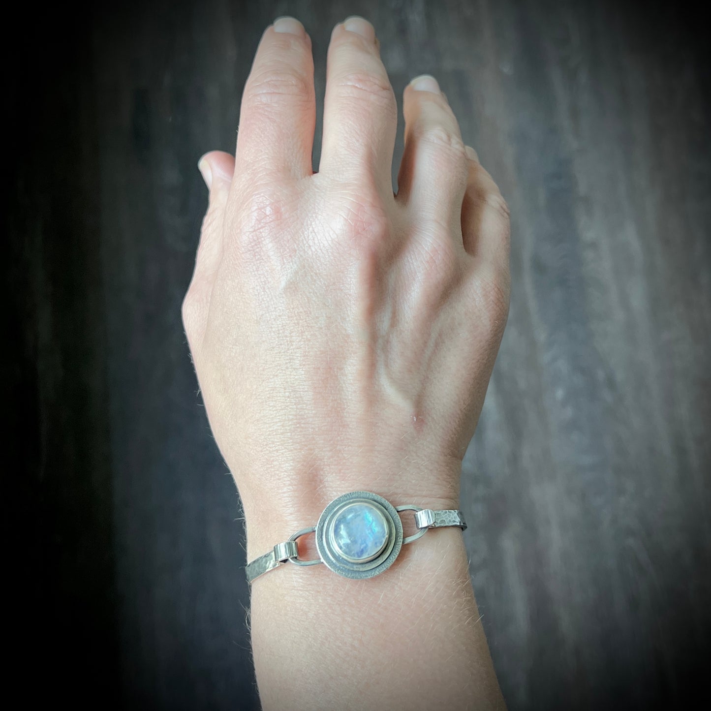Sterling Silver Rainbow Moonstone Bracelet | Natural Stone Cabochon Silver Cuff Bracelet