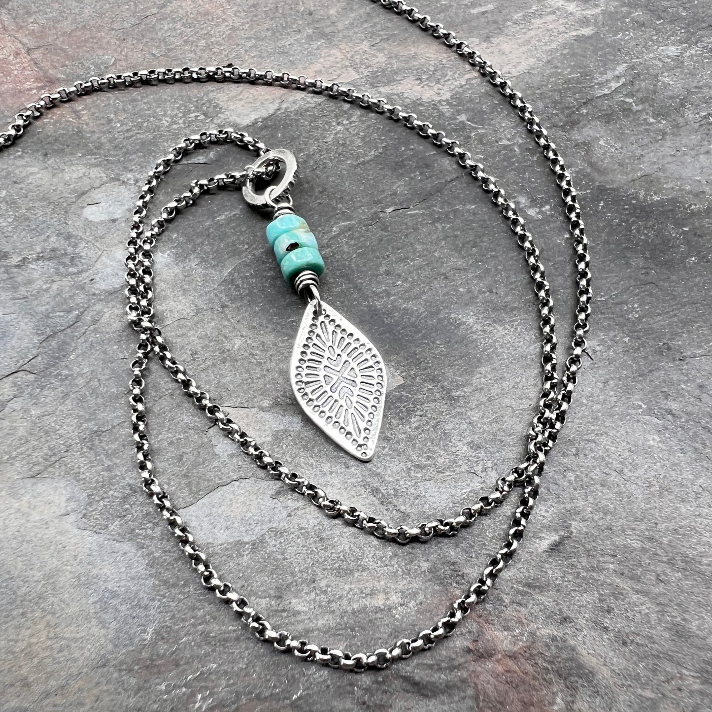Genuine Turquoise Sterling Silver Necklace | Natural Stone Beads with Stamped Pendant