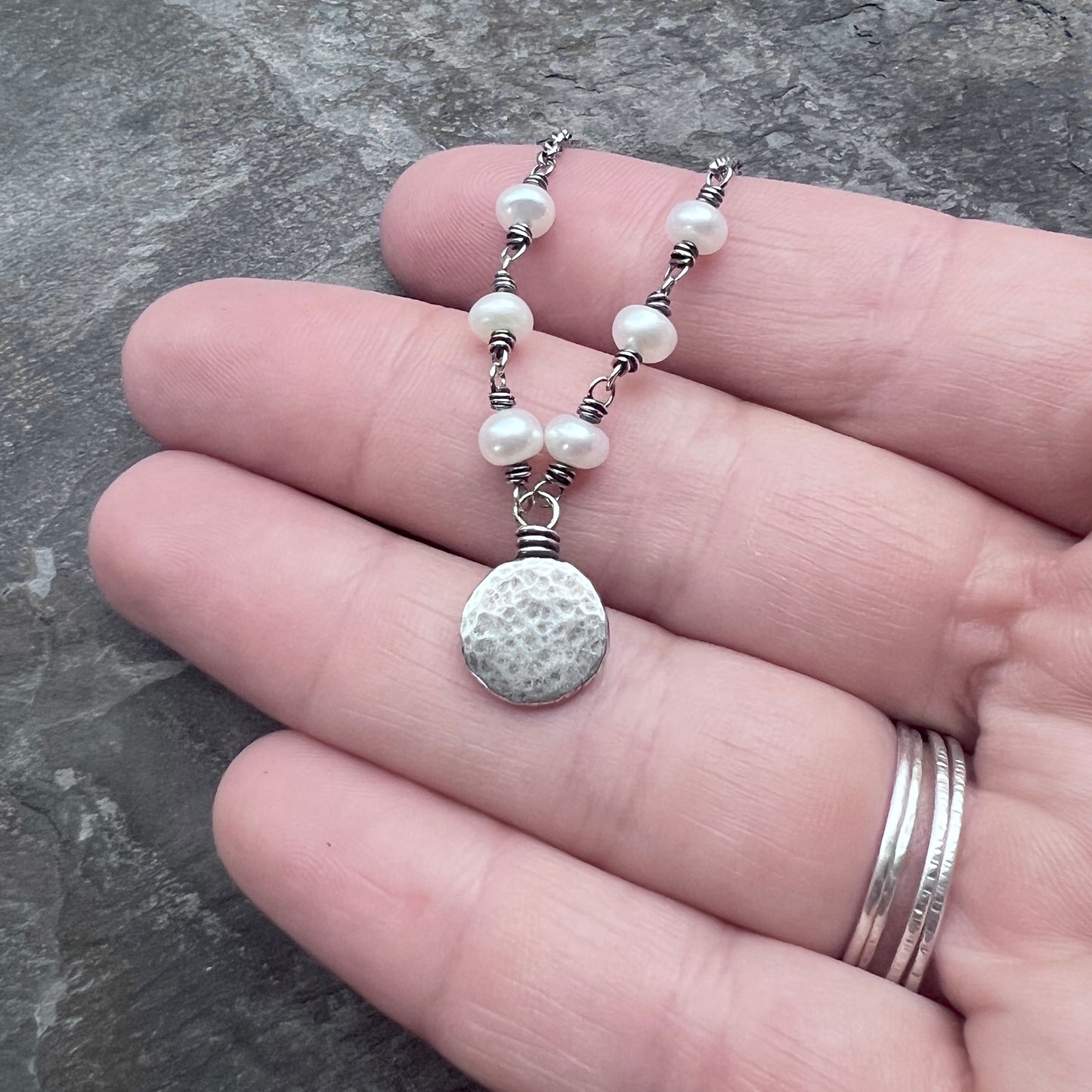 Sterling Silver Pearl Necklace | Wire-wrapped Pearls with Hammered Silver Pebble Pendant