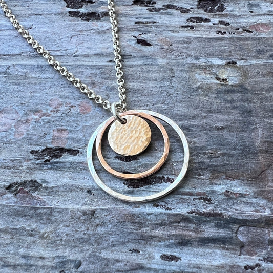 14k Goldfill and Sterling Silver Necklace | Mixed Metal Hammered Gold and Silver Circles Pendant Necklace