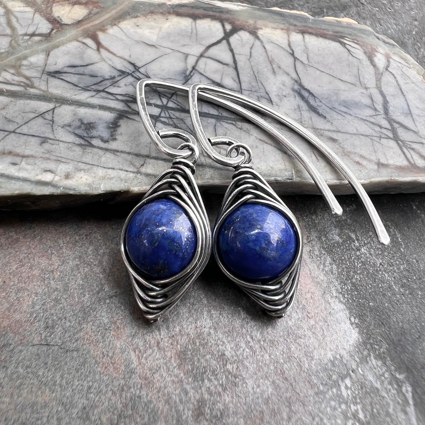Sterling Silver Lapis Lazuli Earrings | Blue Natural Stone Wire-wrapped Dangle Earrings