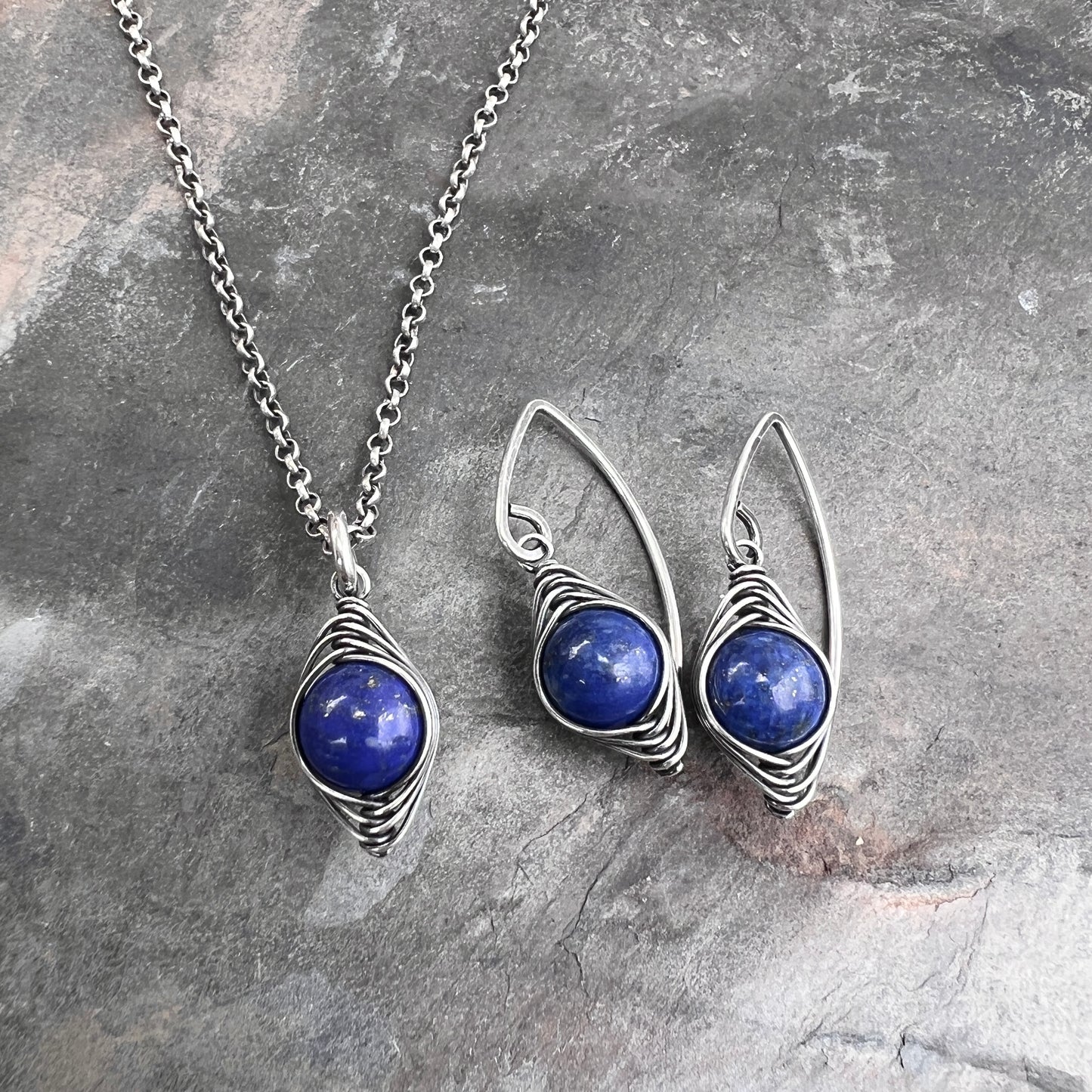Sterling Silver Lapis Lazuli Necklace | Blue Natural Stone Wire-wrapped Pendant