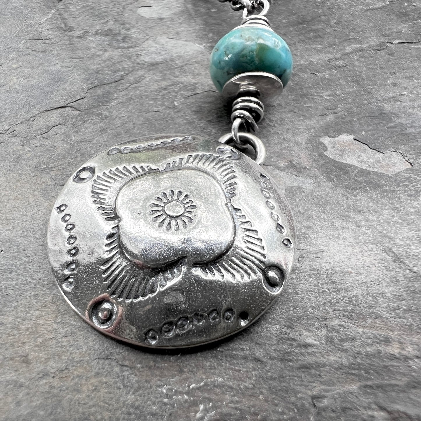 Sterling Silver Turquoise Necklace | Stamped Pendant with Genuine Turquoise Stone Beads