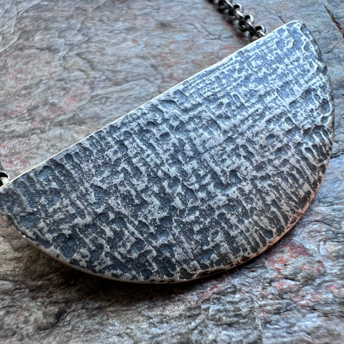 Sterling Silver Semicircle Necklace - Textured Half Moon Sterling Silver Pendant on Sterling Silver Chain