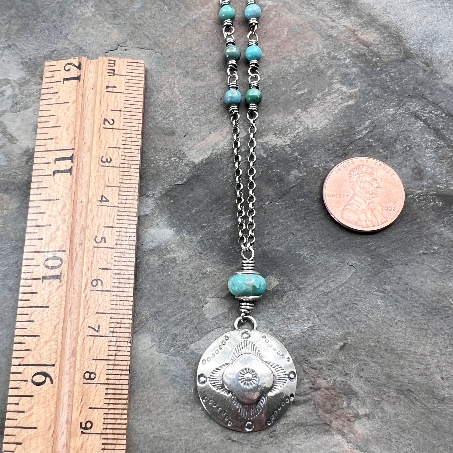 Sterling Silver Turquoise Necklace | Stamped Pendant with Genuine Turquoise Stone Beads