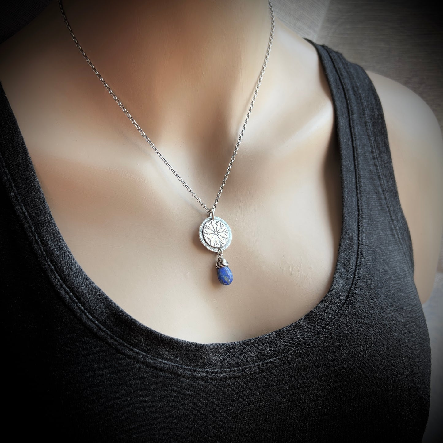 Sterling Silver Lapis Lazuli Necklace | Stamped Flower and Blue Stone Teardrop Pendant