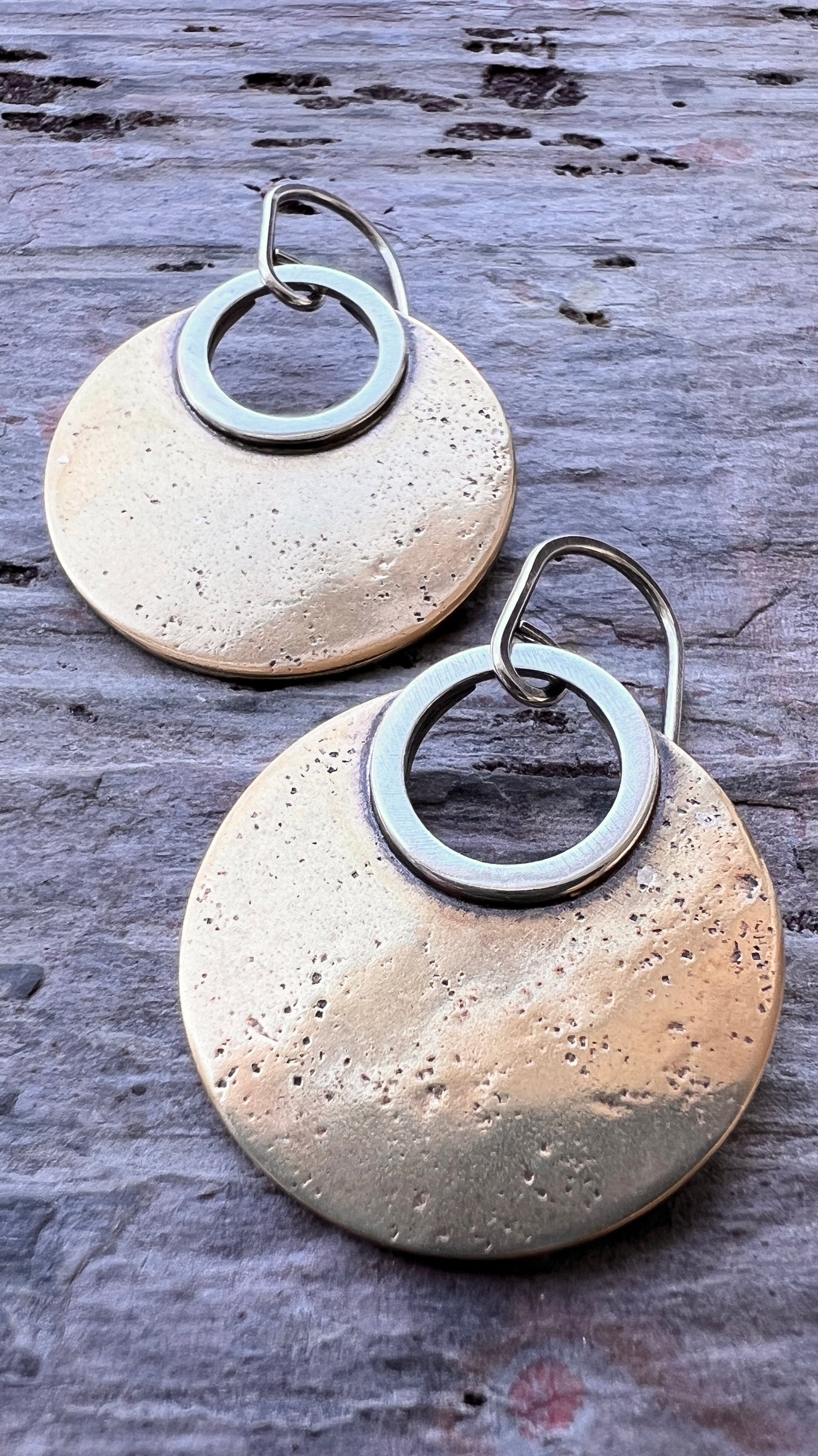 Sterling Silver and Gold Brass Earrings | Mixed Metal Modern Circle Dangle Earrings