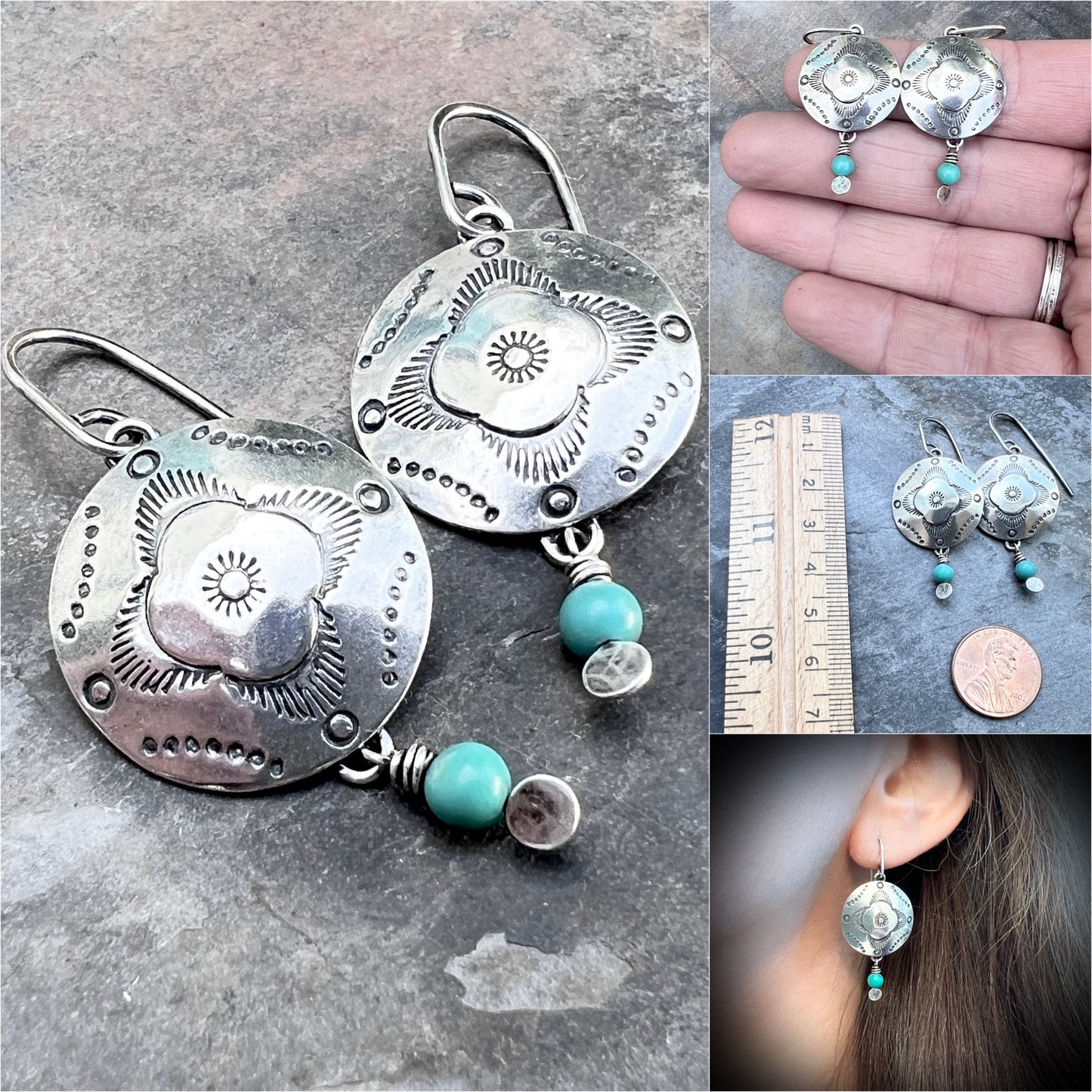 Sterling Silver Turquoise Earrings | Stamped Dangle Earrings with Genuine Turquoise Stone Beads