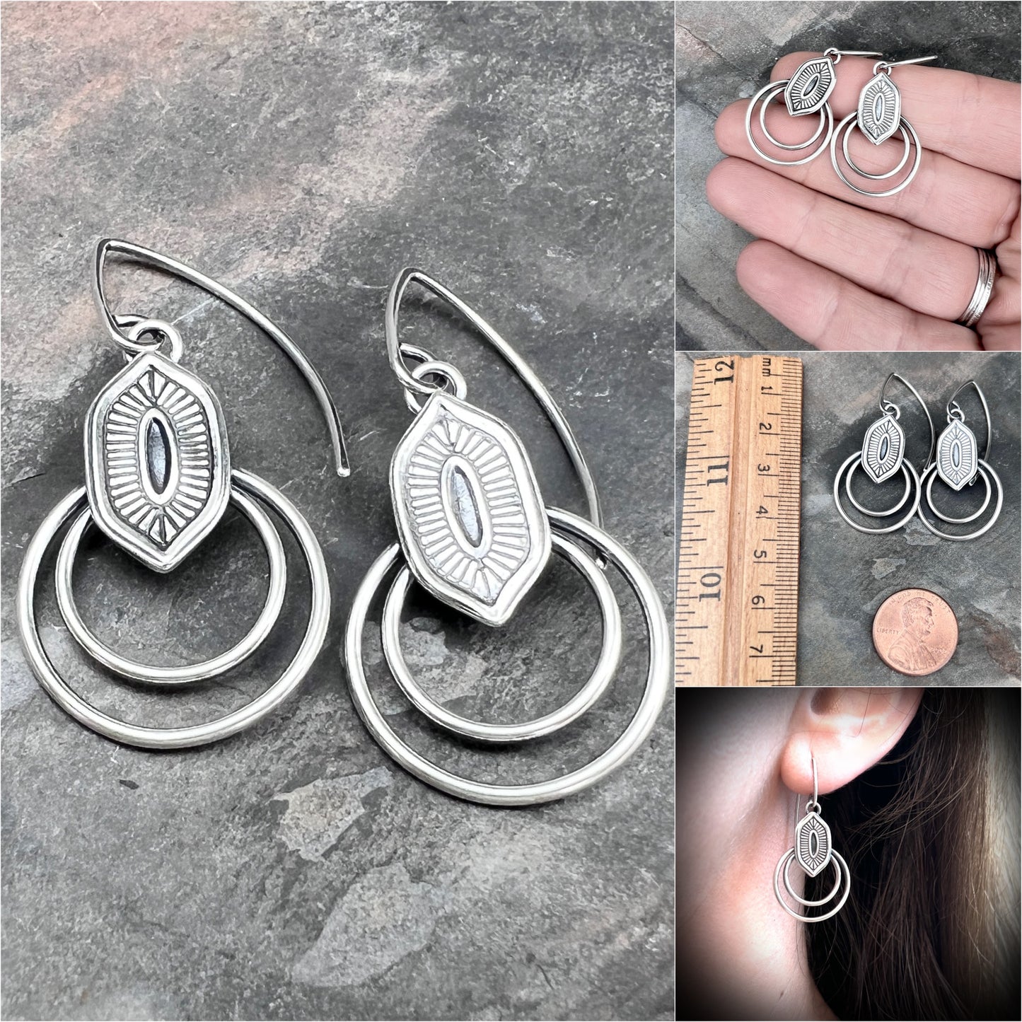 Stamped Sterling Silver Double Hoop Dangle Earrings