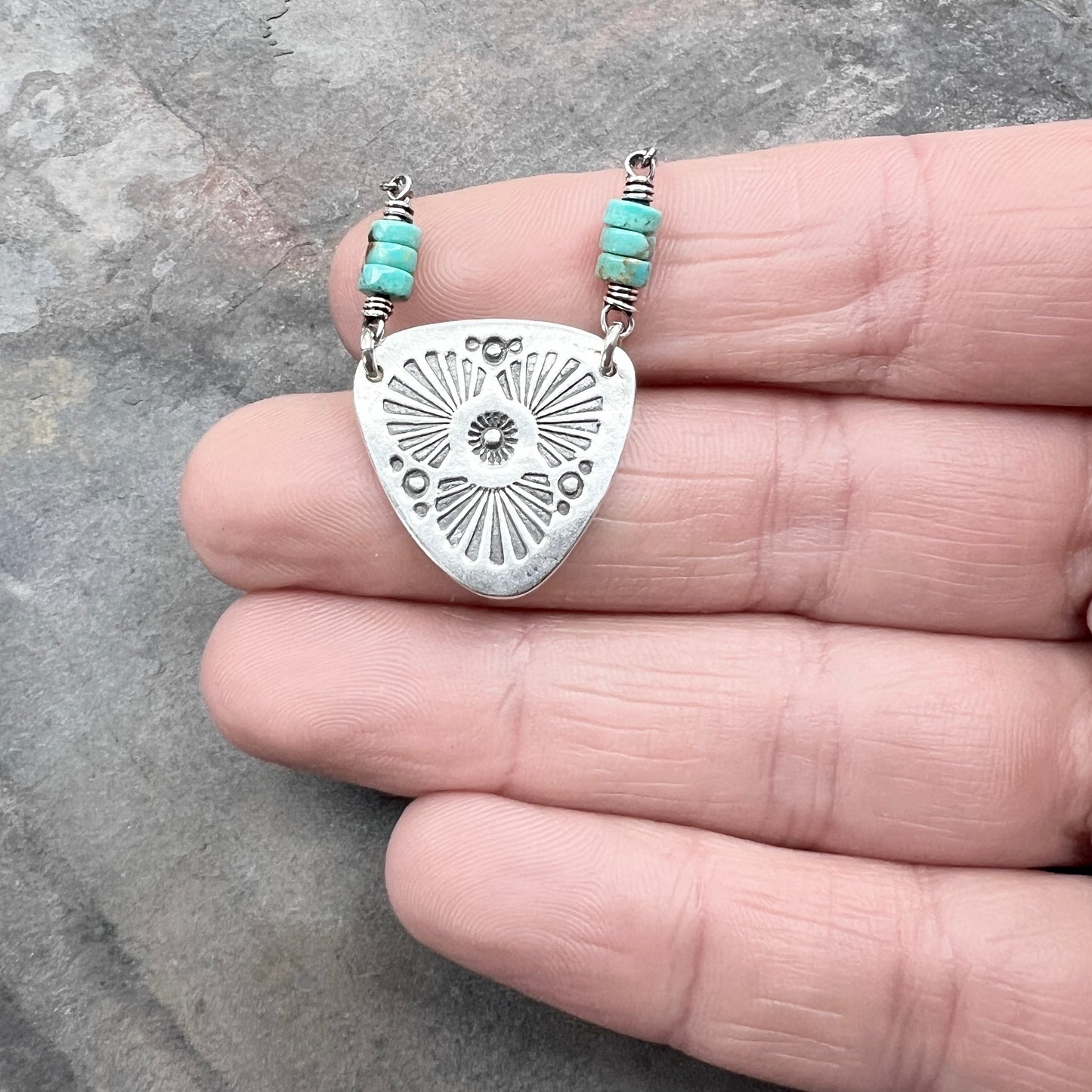 Genuine Turquoise Sterling Silver Necklace | Natural Stone and Stamped Triangular Pendant