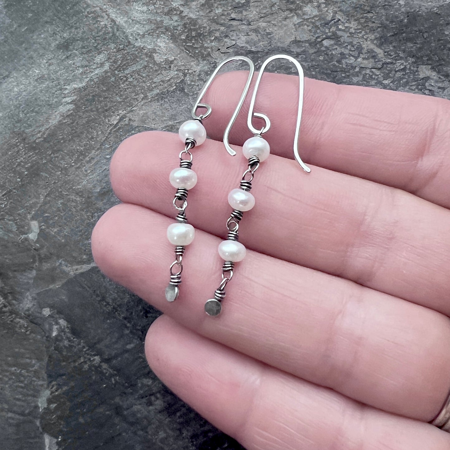 Sterling Silver Pearl Earrings | Genuine Pearl Wire-wrapped Long Dangles