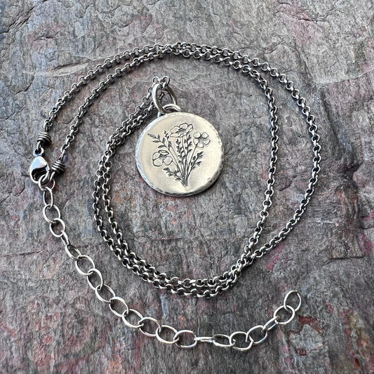 Sterling Silver Wildflower Necklace | Stamped Flower Pendant