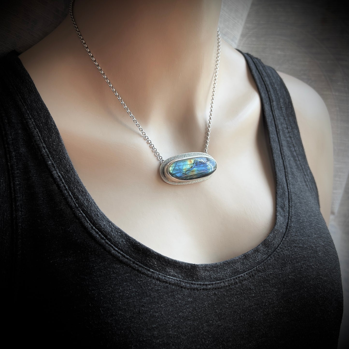 Sterling Silver Labradorite Necklace | Natural Stone Wide Oval Pendant