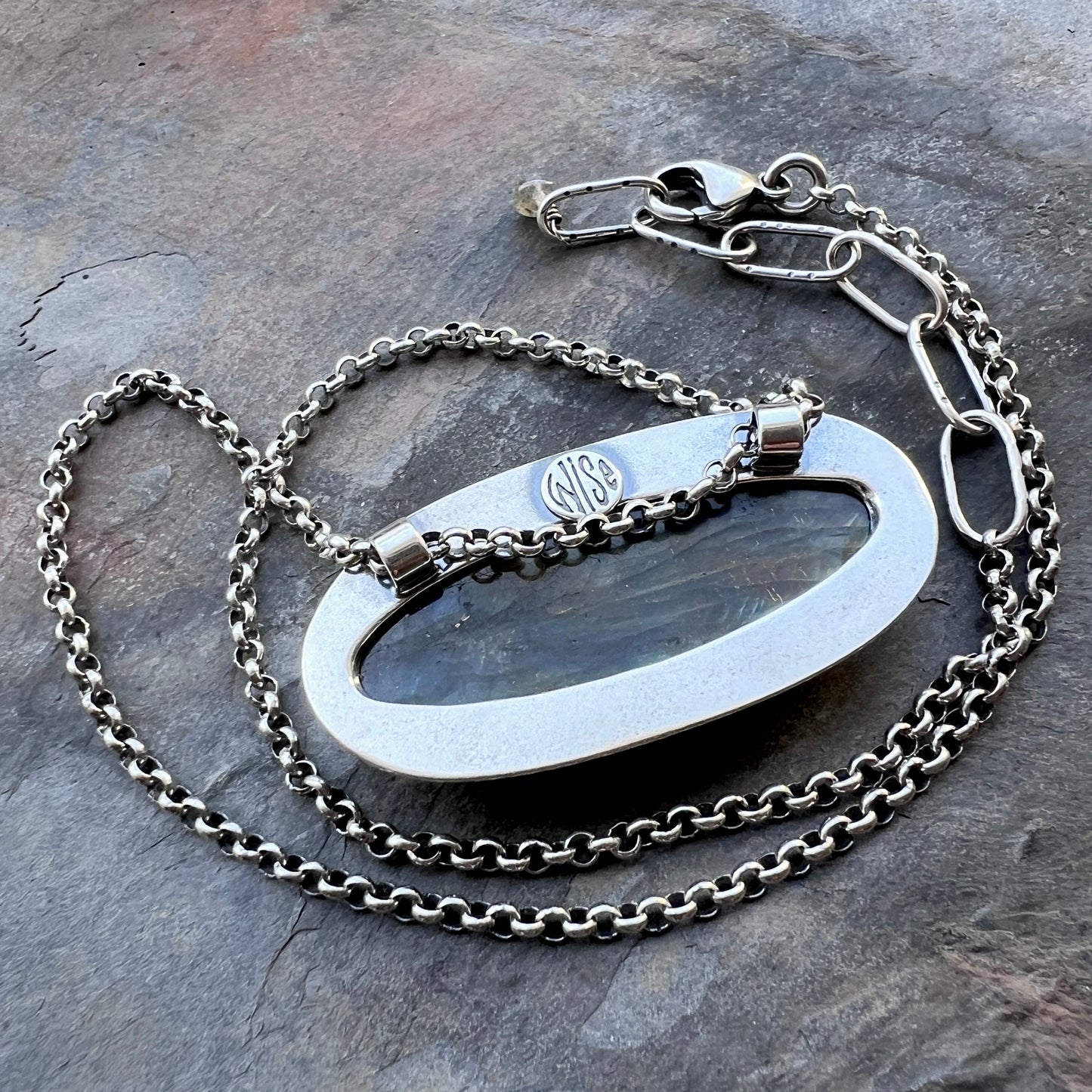Sterling Silver Labradorite Necklace | Natural Stone Wide Oval Pendant