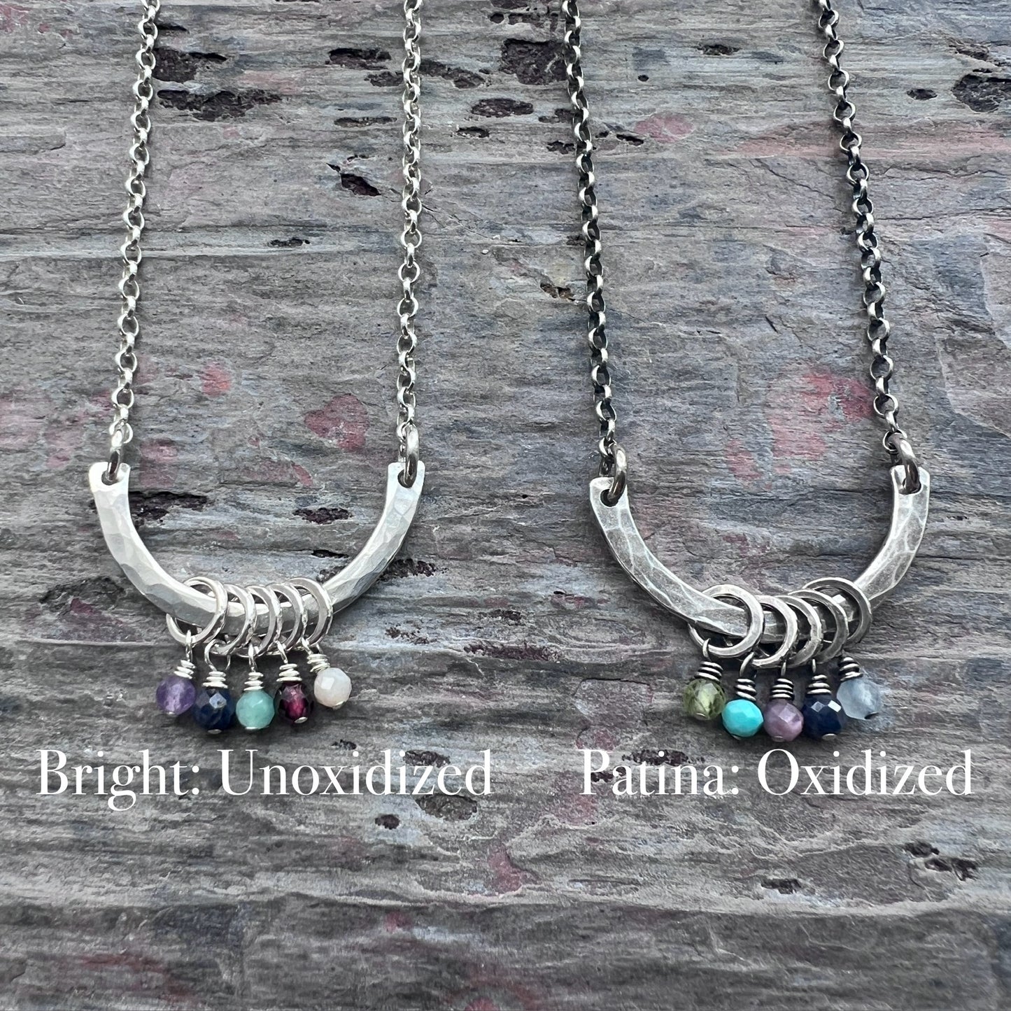 Customizable Sterling Silver Birthstone Necklace | Genuine Gem Charms on Hammered Curve Pendant
