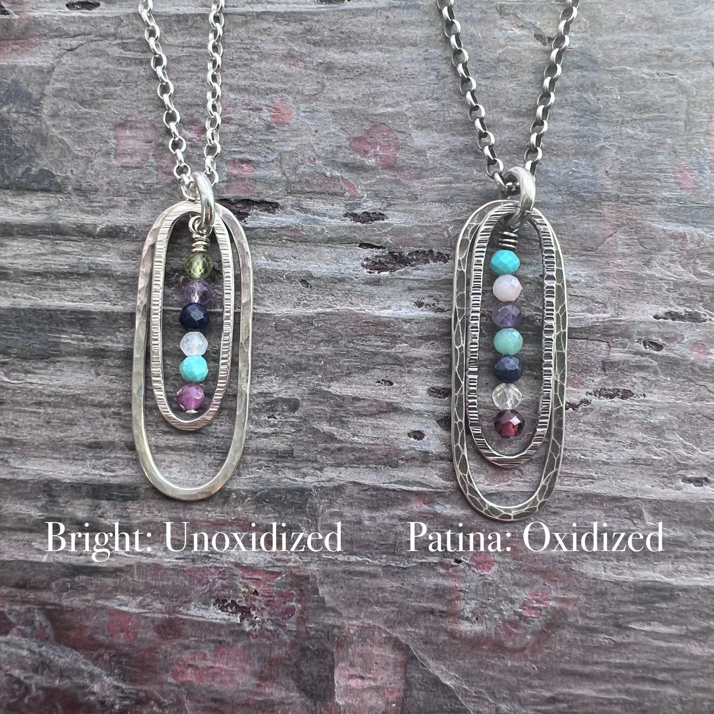 Customizable Sterling Silver Birthstone Necklace | Genuine Gemstone Hammered Long Oval Pendant