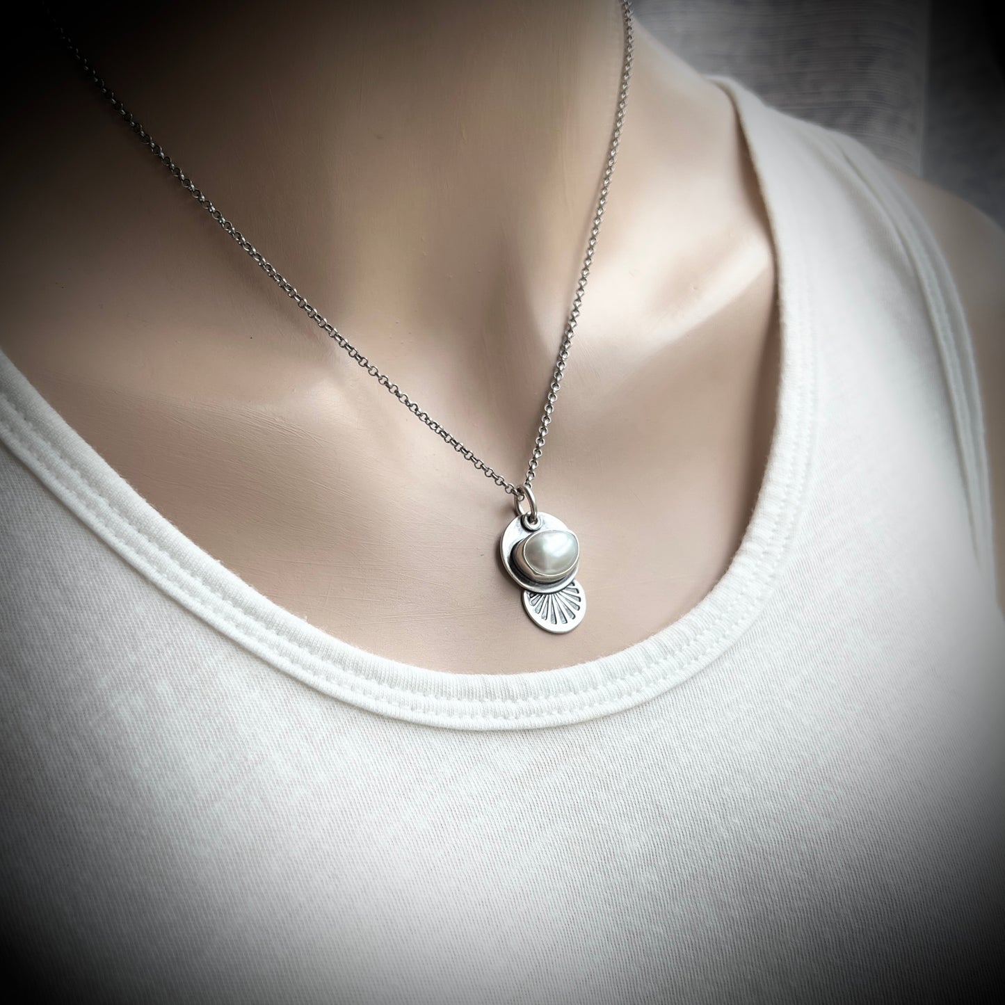 Sterling Silver Pearl Necklace | Natural Baroque Pearl Stamped Pendant