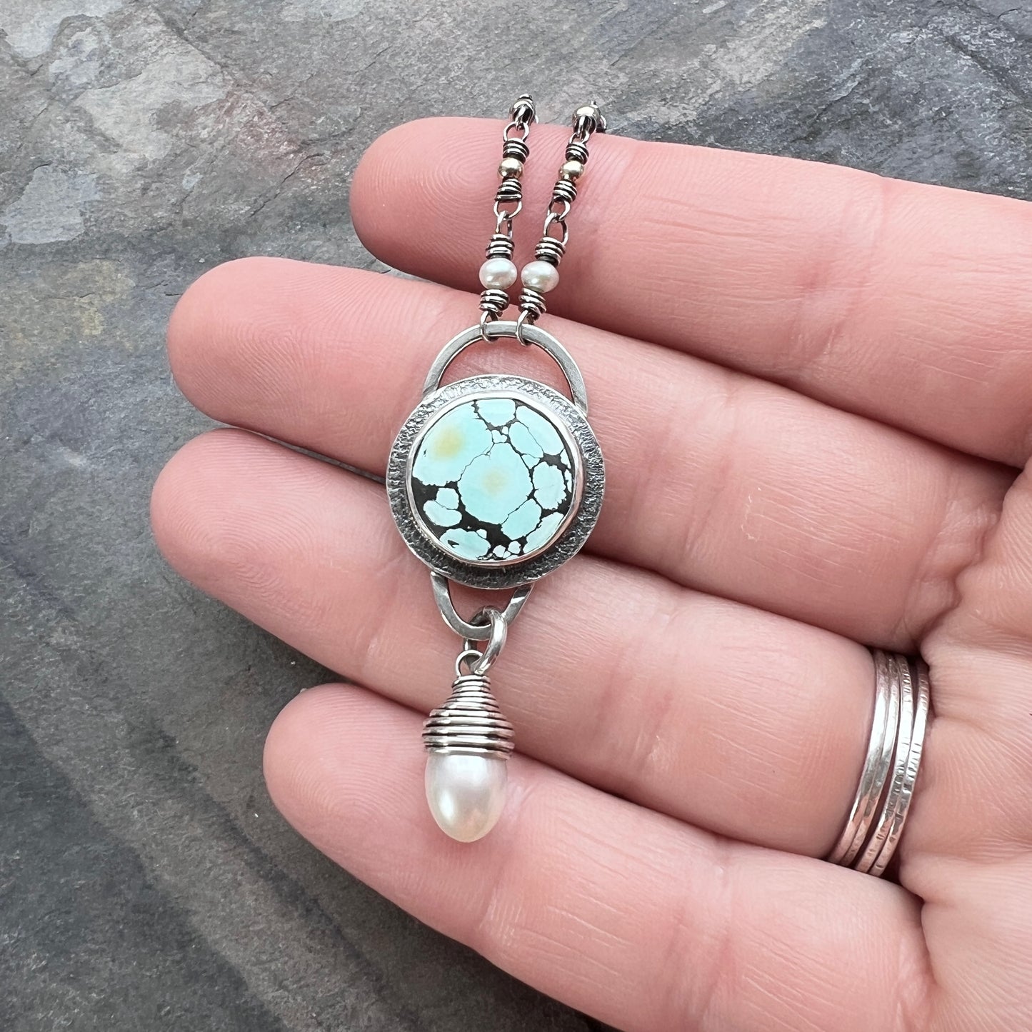 Sterling Silver Turquoise and Pearl Necklace | Natural Turquoise Cabochon with Wire-wrapped Pearl Pendant