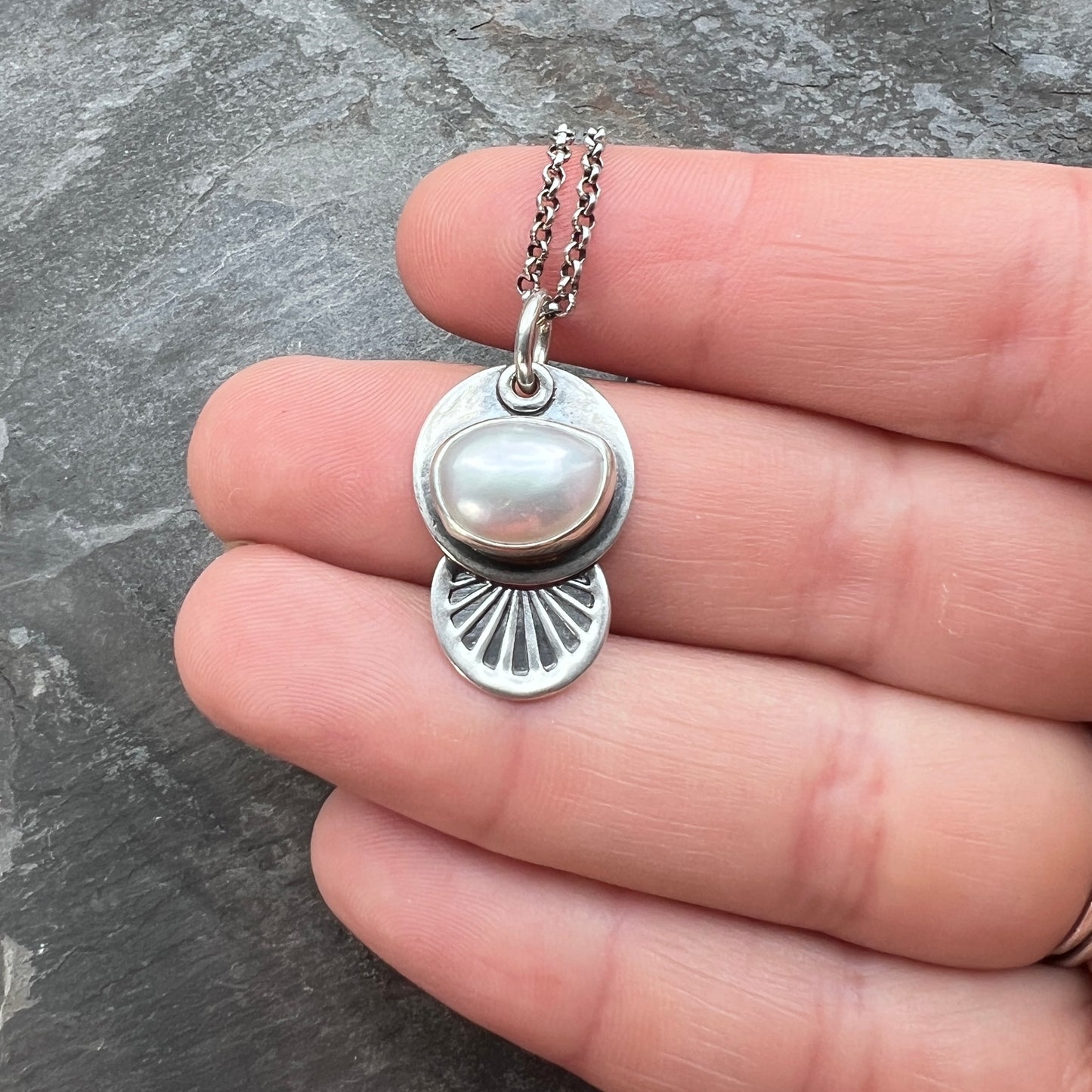 Sterling Silver Pearl Necklace | Natural Baroque Pearl Stamped Pendant