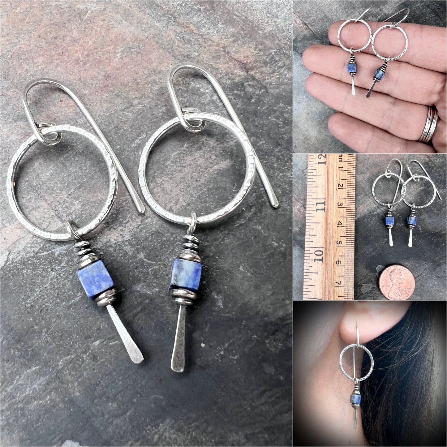 Sterling Silver Lapis Lazuli Earrings | Blue Natural Stone Dangle Hoops