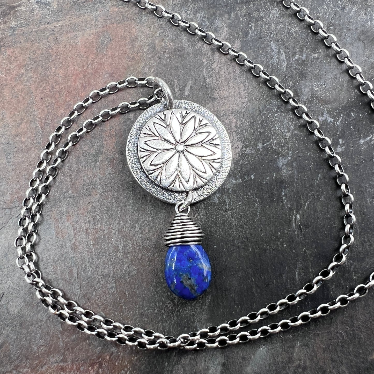 Sterling Silver Lapis Lazuli Necklace | Stamped Flower and Blue Stone Teardrop Pendant