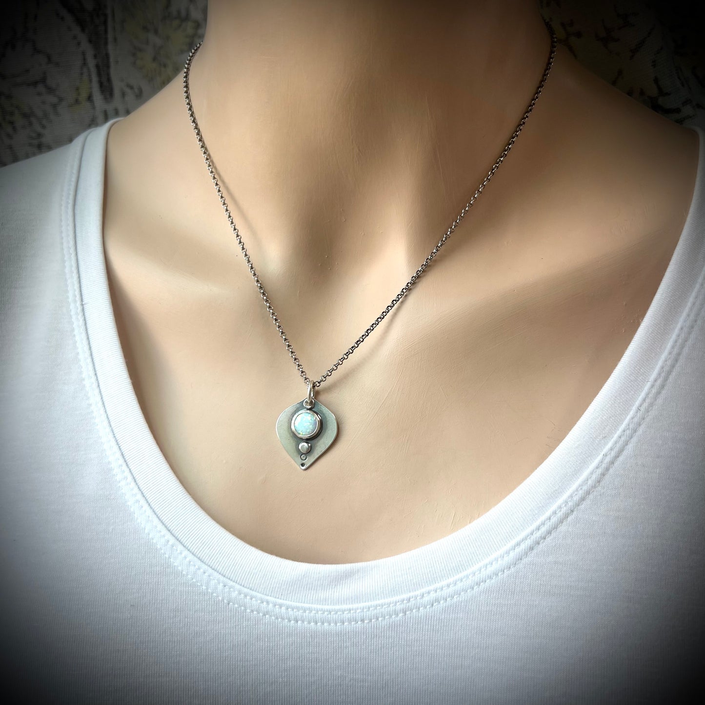Sterling Silver Simulated Opal Necklace - Handmade Opal Petal Pendant on Sterling Silver Chain