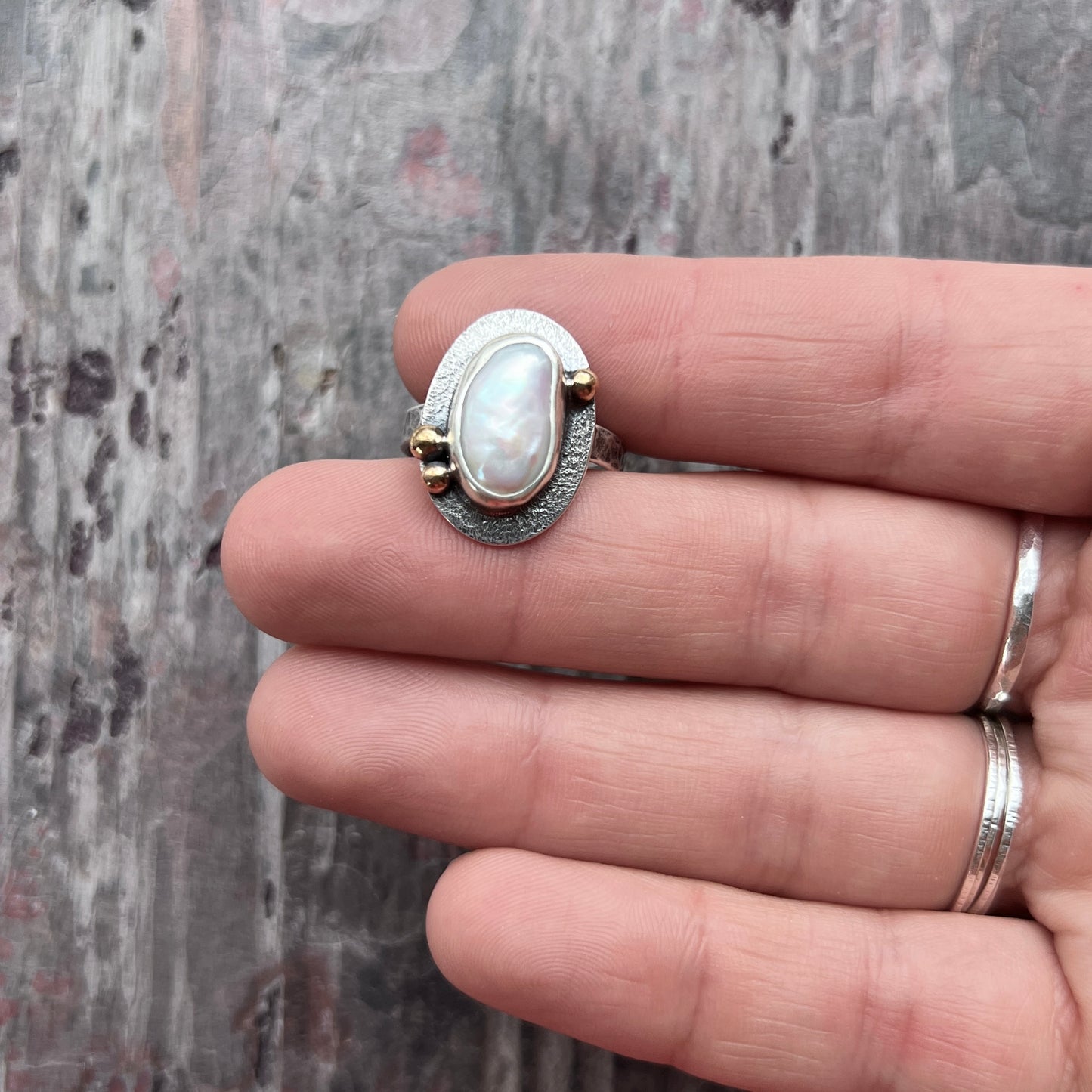 Sterling Silver Baroque Pearl Ring | Genuine Natural Pearl with Golden Brass Accents - Size 7.75