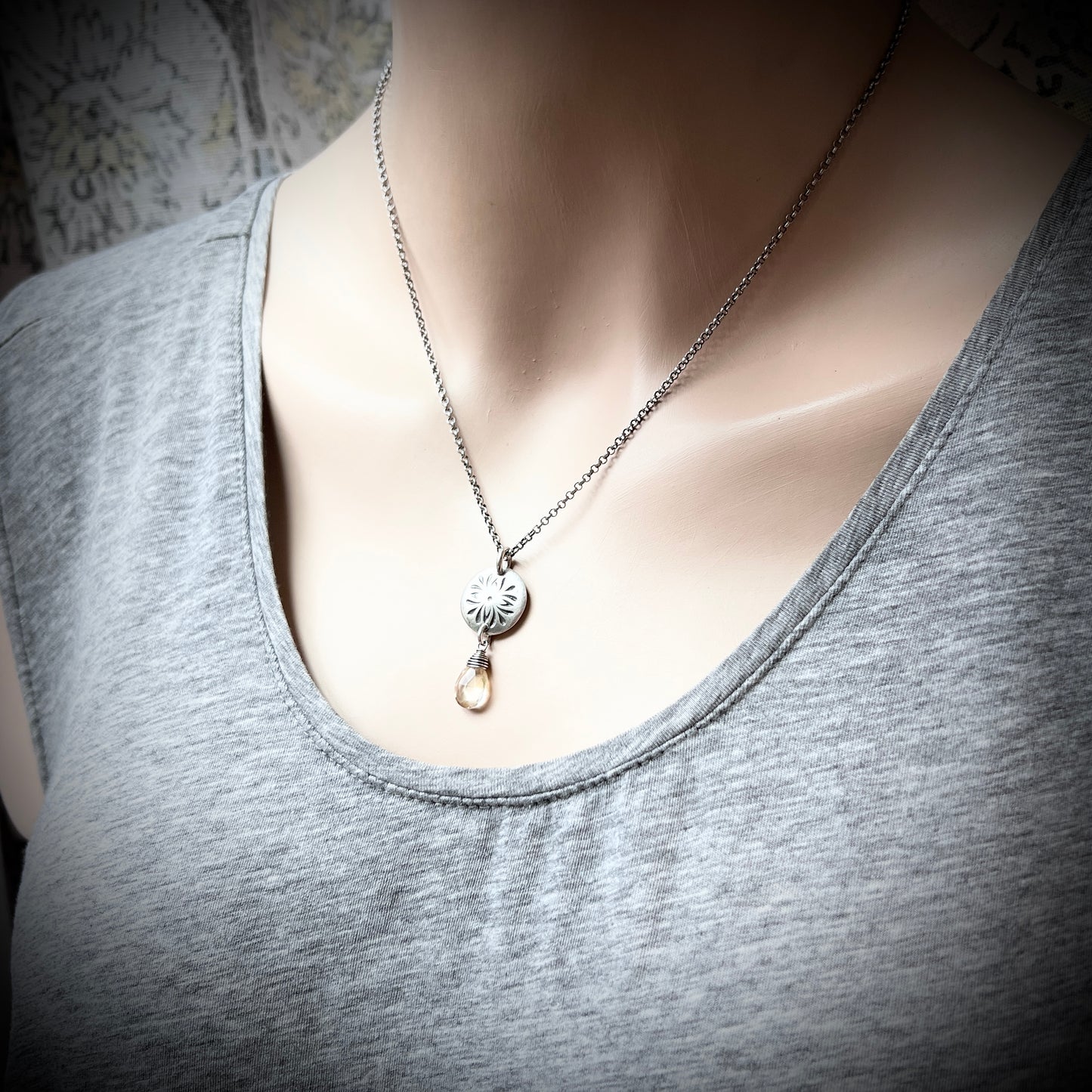 Genuine Citrine Sterling Silver Necklace | Flower Medallion and Yellow Teardrop Pendant