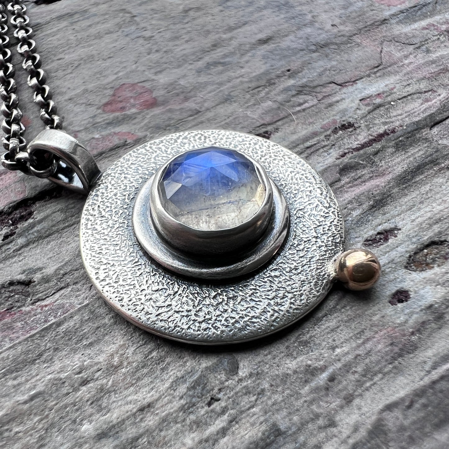 Rainbow Moonstone Sterling Silver Necklace | Circle Rainbow Moonstone Pendant Necklace