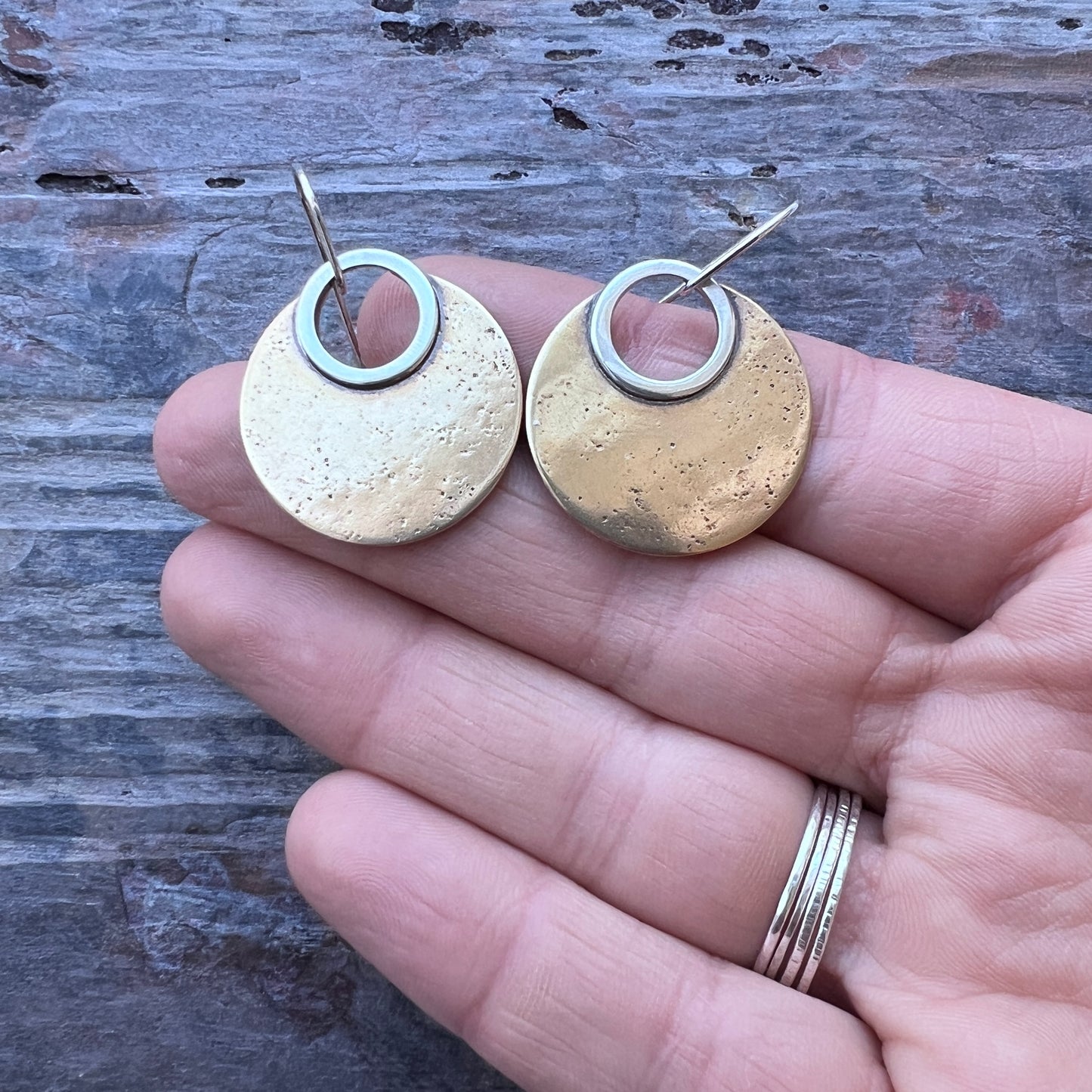 Sterling Silver and Gold Brass Earrings | Mixed Metal Modern Circle Dangle Earrings
