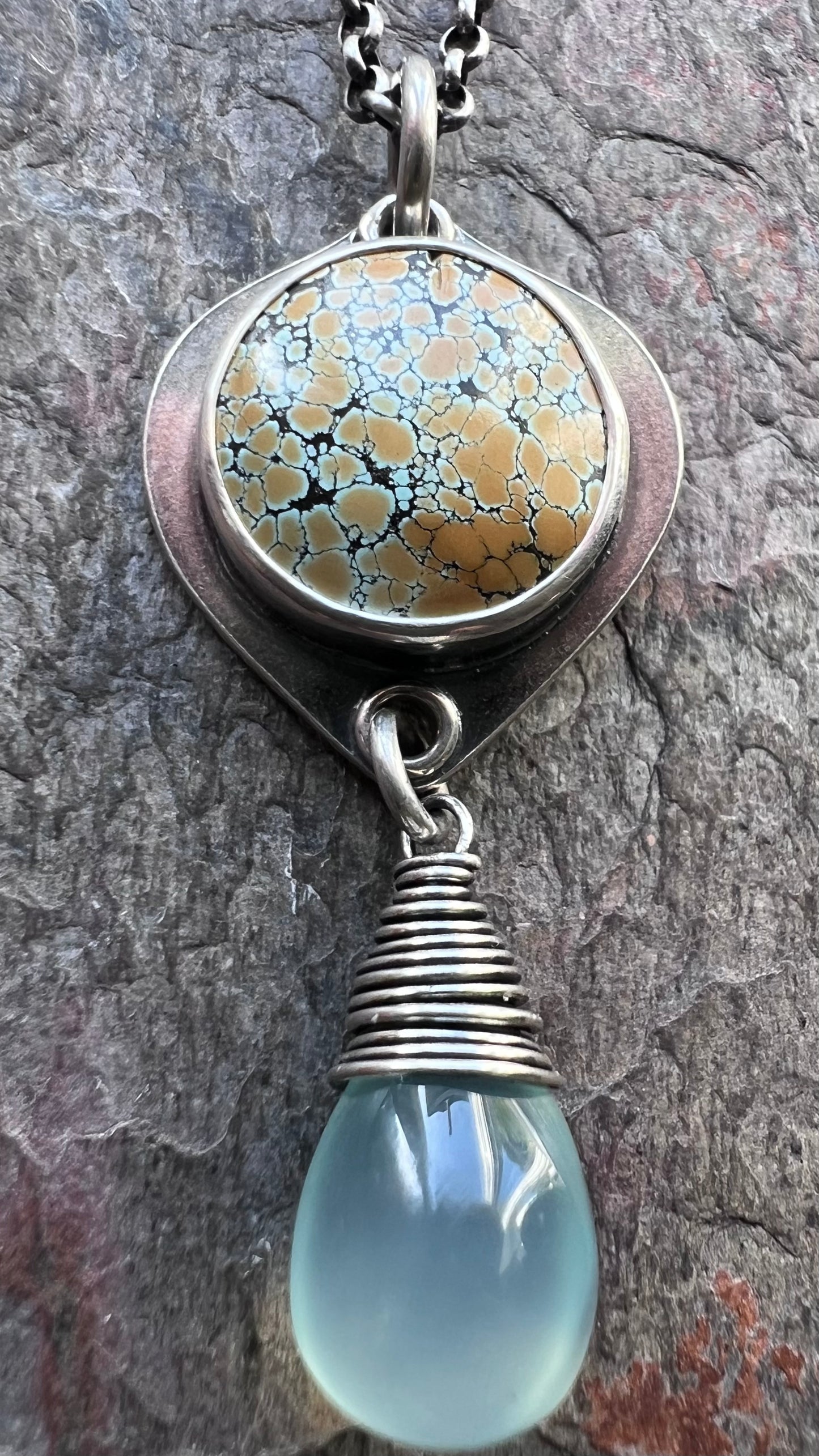 Turquoise and Chalcedony Sterling Silver Necklace - Handmade One-of-a-kind Pendant on Sterling Silver Chain