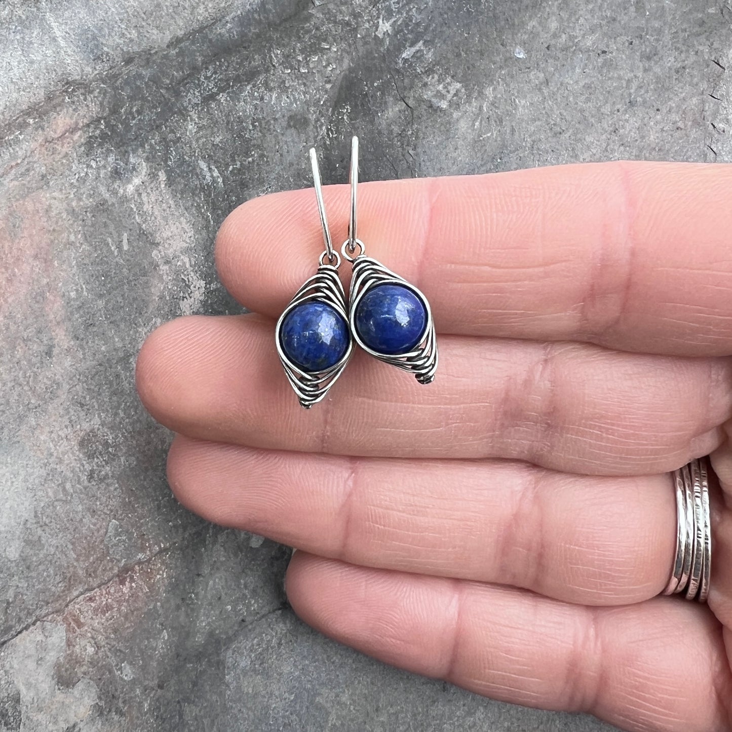 Sterling Silver Lapis Lazuli Earrings | Blue Natural Stone Wire-wrapped Dangle Earrings