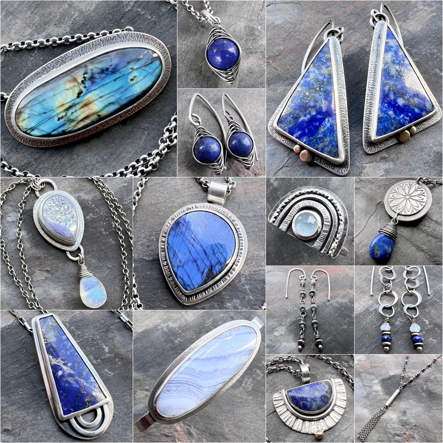 Sterling Silver Lapis Lazuli Necklace | Stamped Flower and Blue Stone Teardrop Pendant