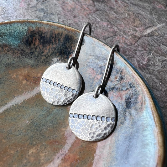 Sterling Silver Circle Earrings with Hammered and Stamped Design