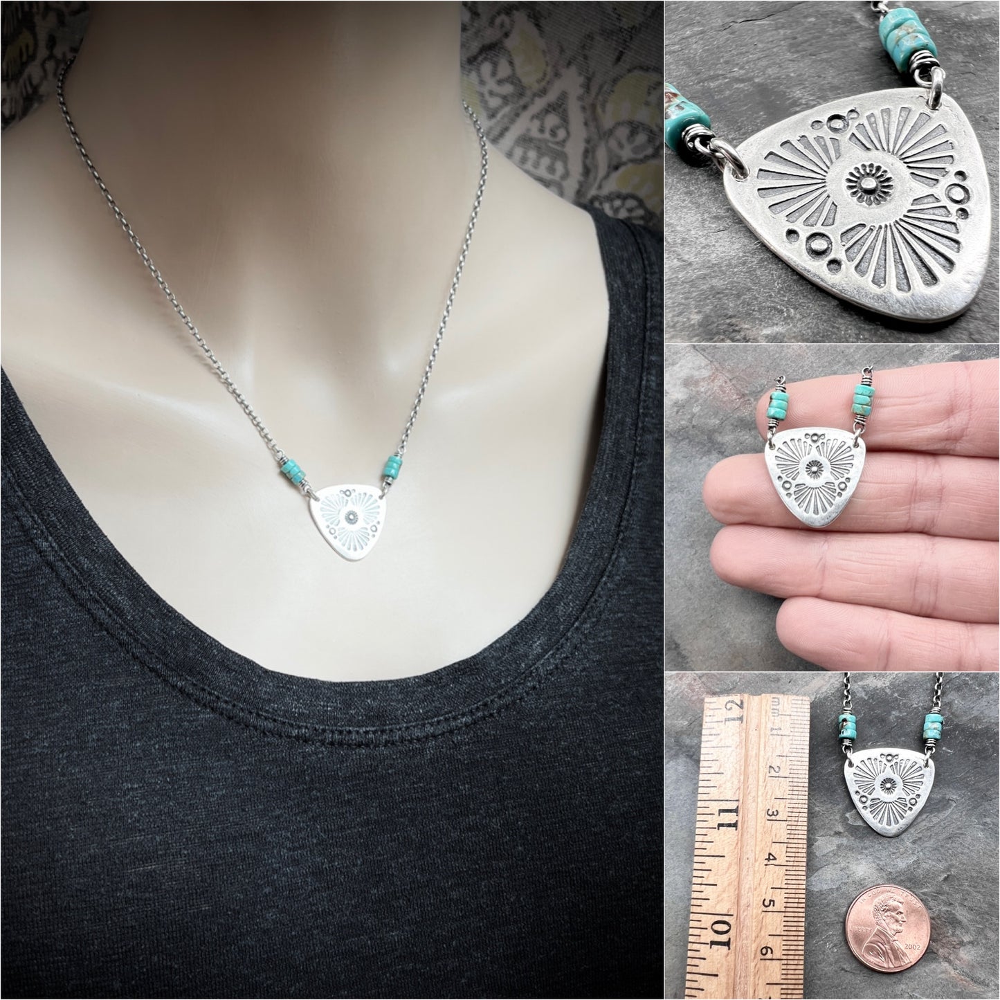 Genuine Turquoise Sterling Silver Necklace | Natural Stone and Stamped Triangular Pendant
