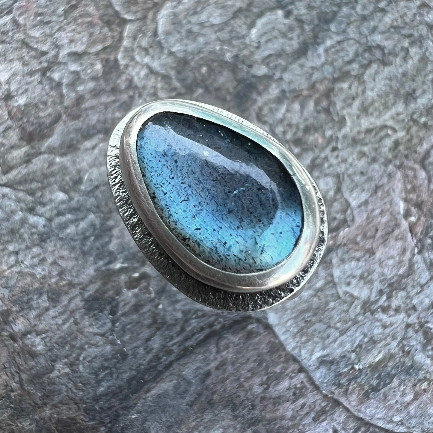 Labradorite Sterling Silver Ring - Handmade One-of-a-kind Labradorite Ring on Silver Silver Band - Size 8