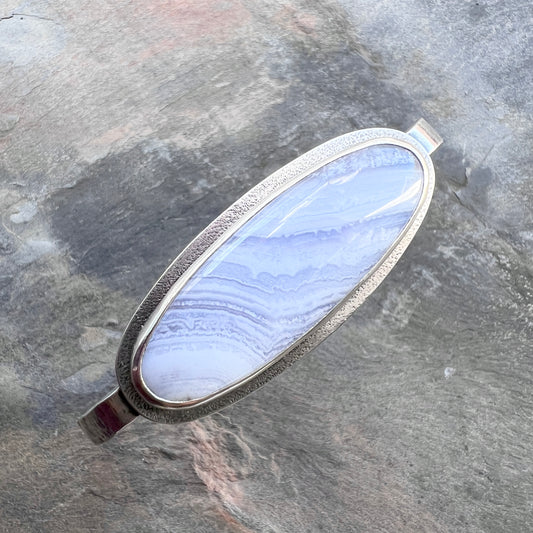 Sterling Silver Blue Lace Agate Bracelet | Natural Stone Cabochon Cuff Bracelet