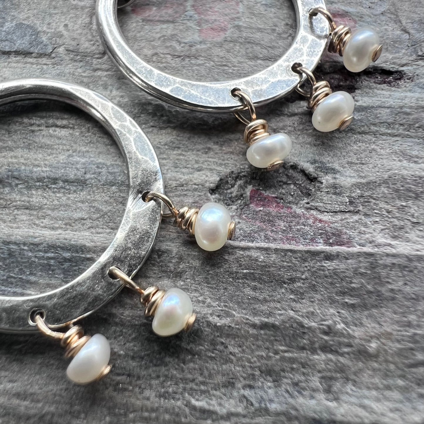 Sterling Silver and 14k Goldfill Pearl Earrings | Hammered Silver Hoops and Genuine Pearl Dangle Earrings
