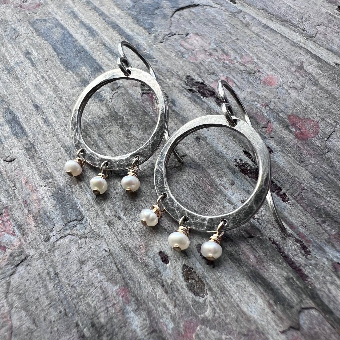 Sterling Silver and 14k Goldfill Pearl Earrings | Hammered Silver Hoops and Genuine Pearl Dangle Earrings