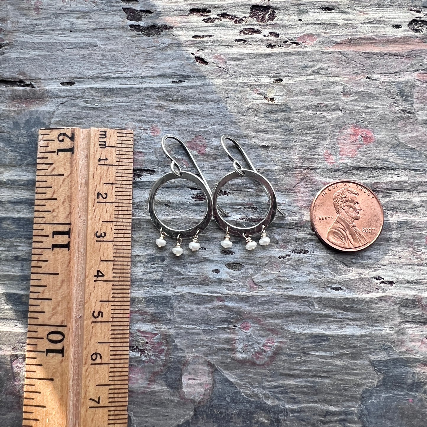 Sterling Silver and 14k Goldfill Pearl Earrings | Hammered Silver Hoops and Genuine Pearl Dangle Earrings