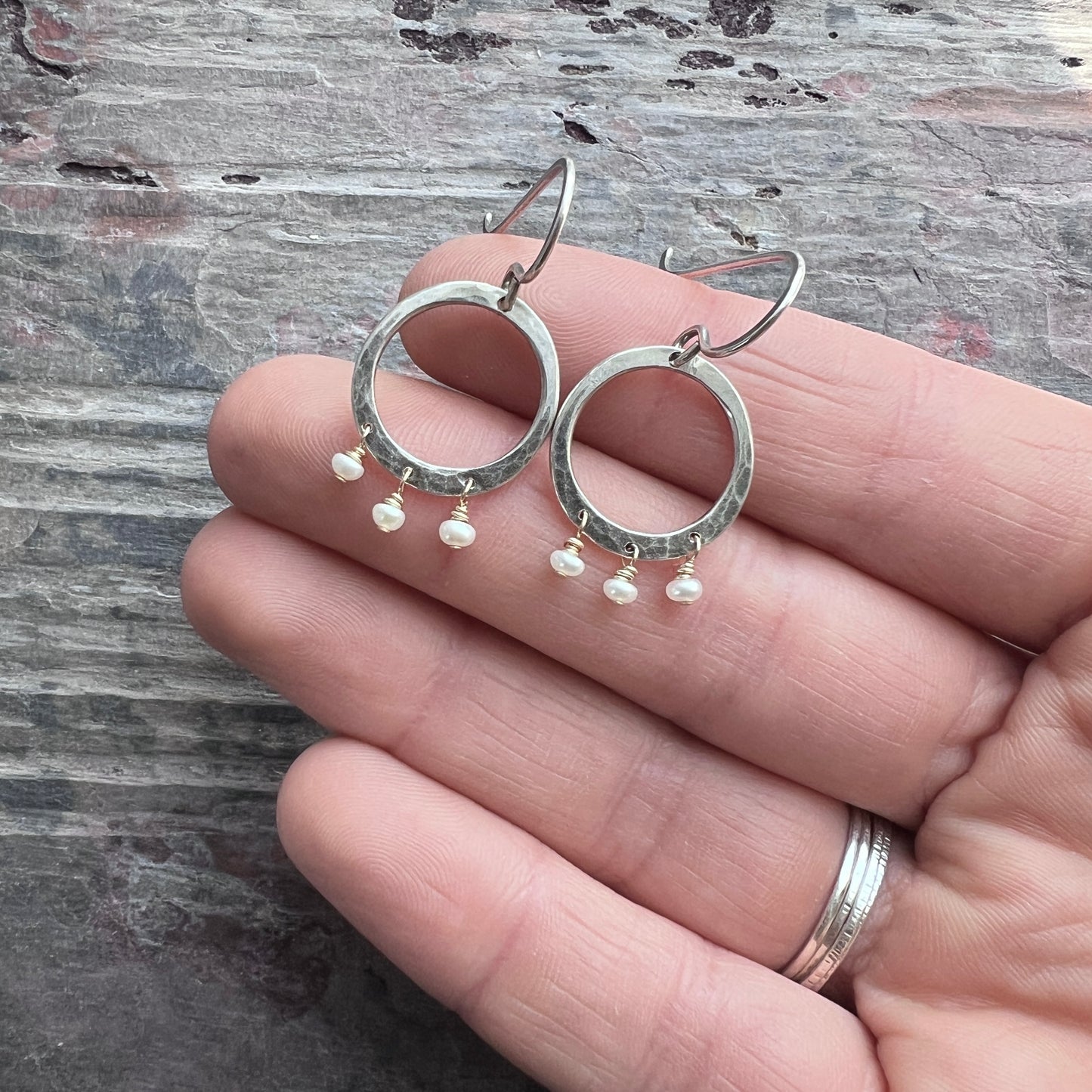 Sterling Silver and 14k Goldfill Pearl Earrings | Hammered Silver Hoops and Genuine Pearl Dangle Earrings