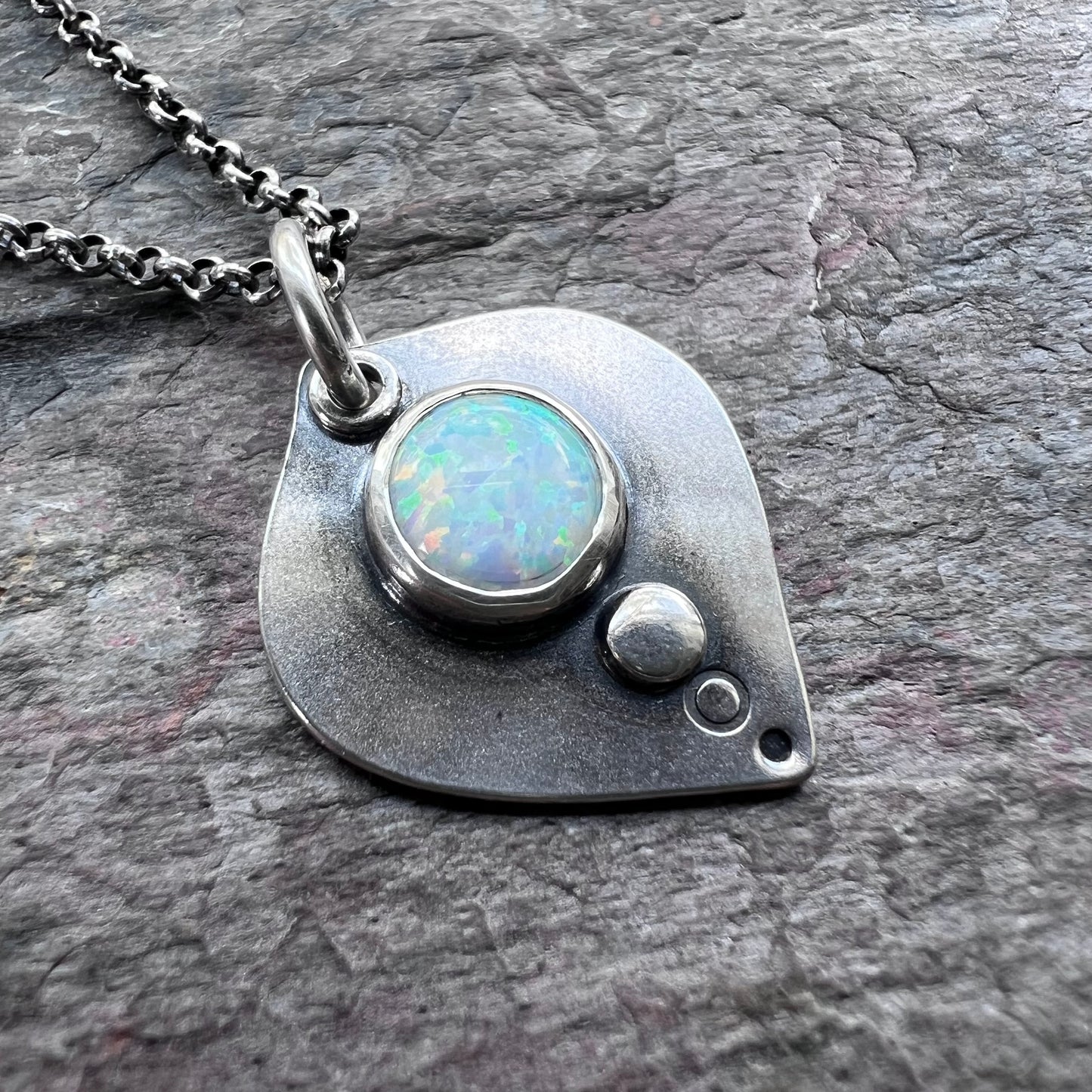 Sterling Silver Simulated Opal Necklace - Handmade Opal Petal Pendant on Sterling Silver Chain