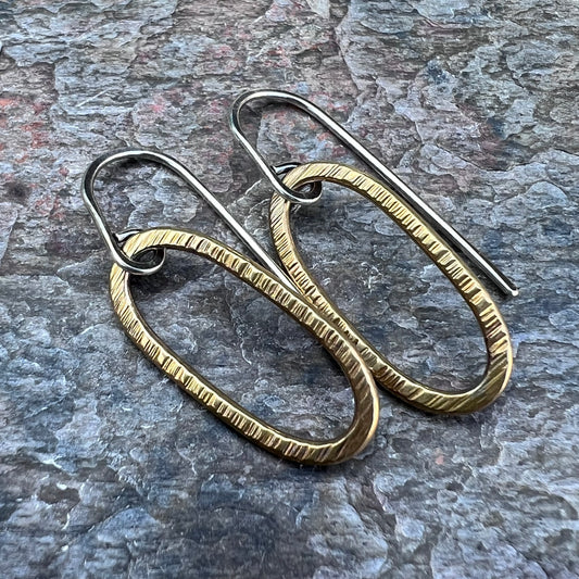 Brass and Sterling Silver Mixed Metal Earrings - Golden Brass Elongated Ovals on Handmade Sterling Silver Earwires